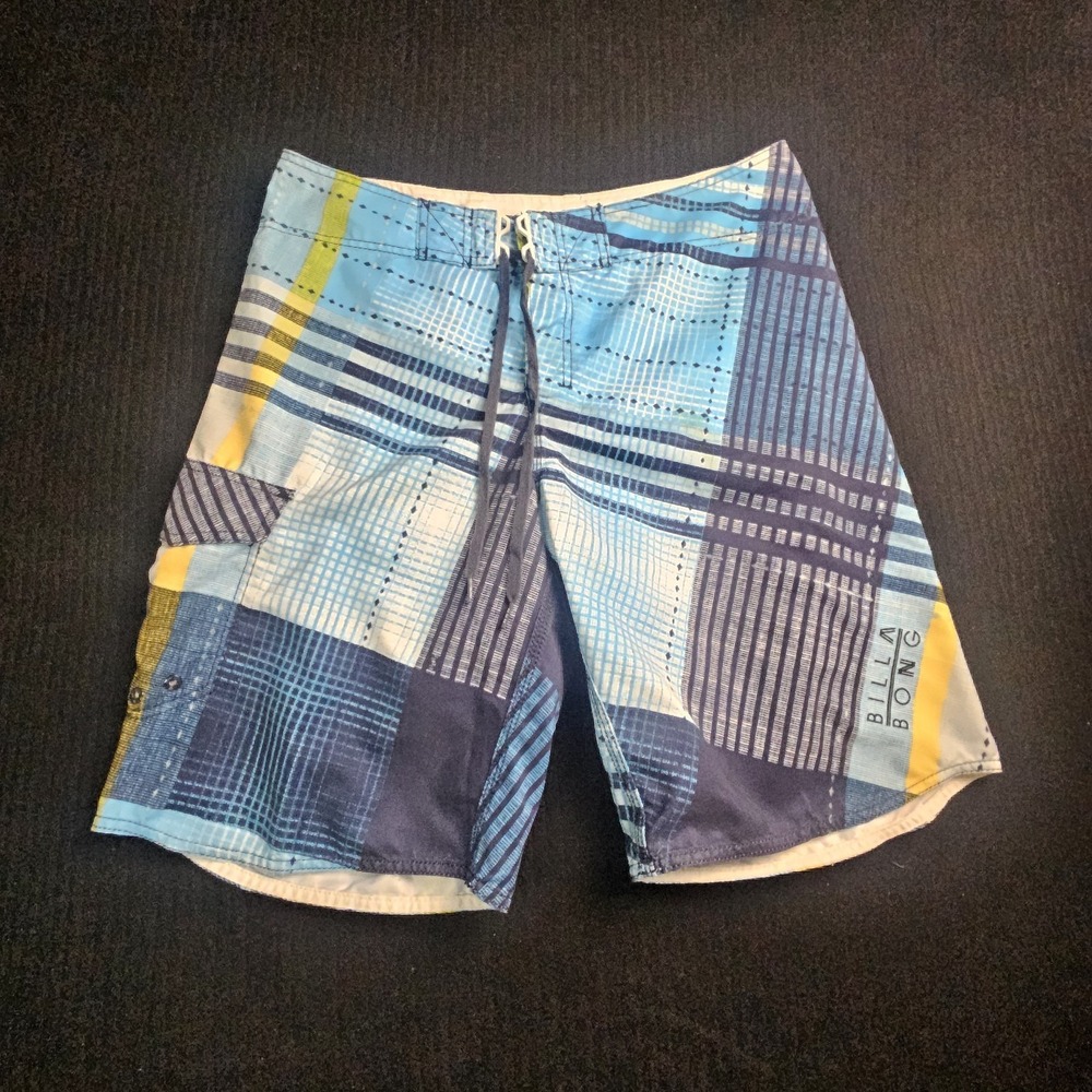 Billabong Board Shorts Mens 36 Blue Plaid Swim Trunks Surf Cargo Pocket...